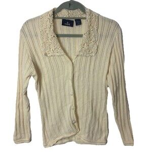 Vtg Cream Lace Collar Knit Cardigan Coquette Cottagecore Fairycore 90s M Wool